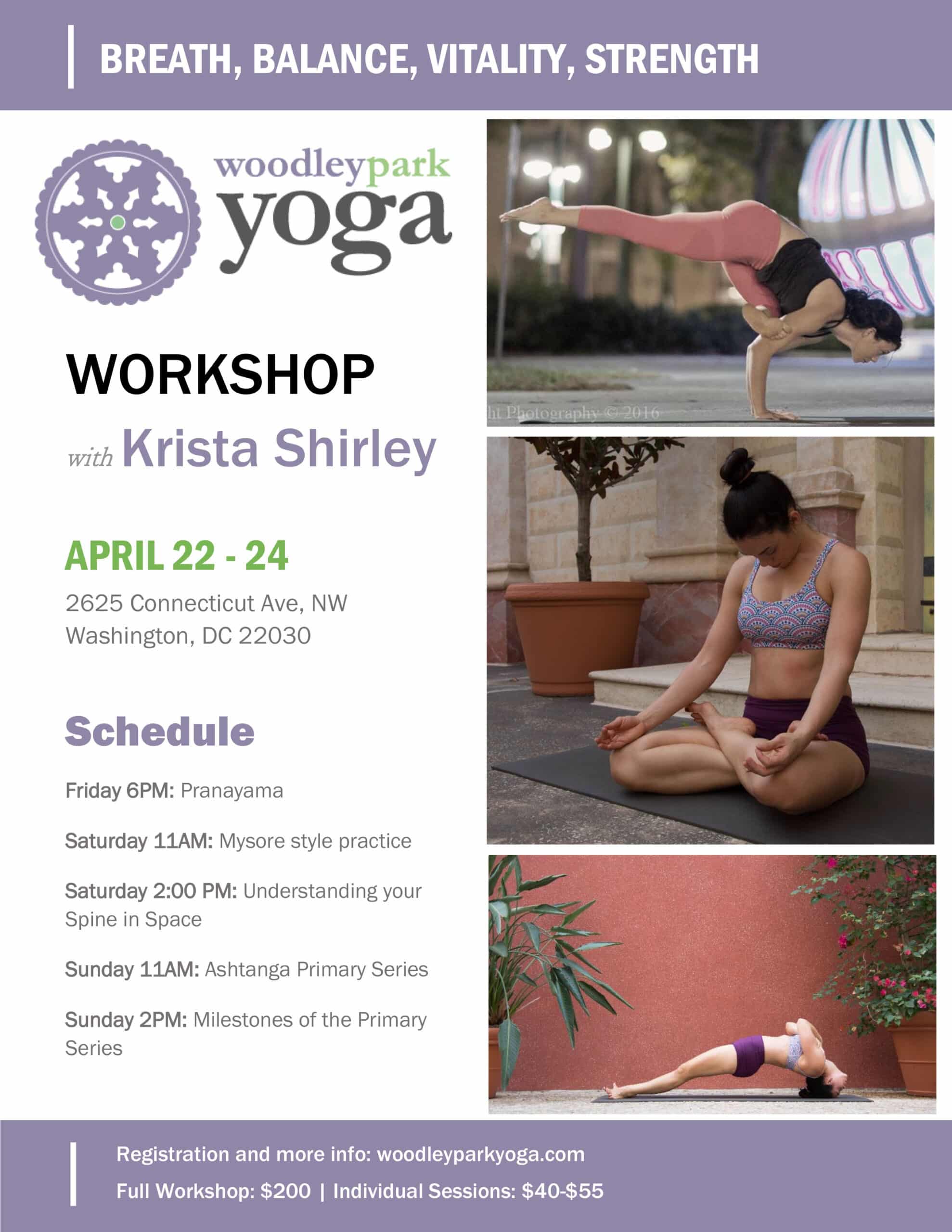 Ashtanga Yoga Weekend workshop at Woodley Park Yoga with Authorized teacher, Krista Shirley